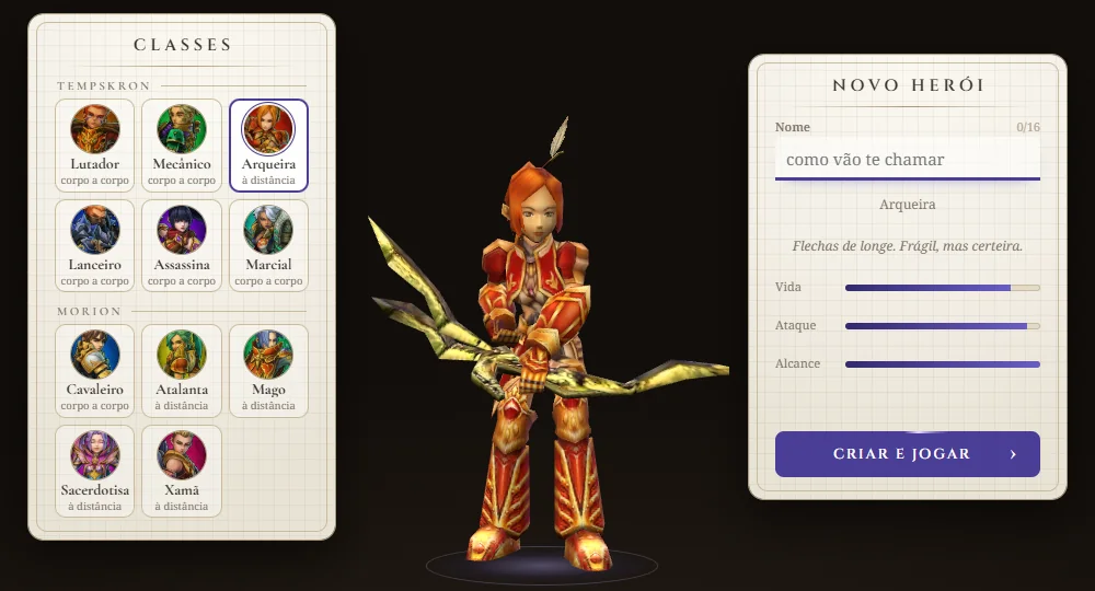Tela de criar herói: as 11 classes em cartões, separadas por Tempskron e Morion, a Arqueira em 3D no meio e o quadro com nome, vida, ataque e alcance