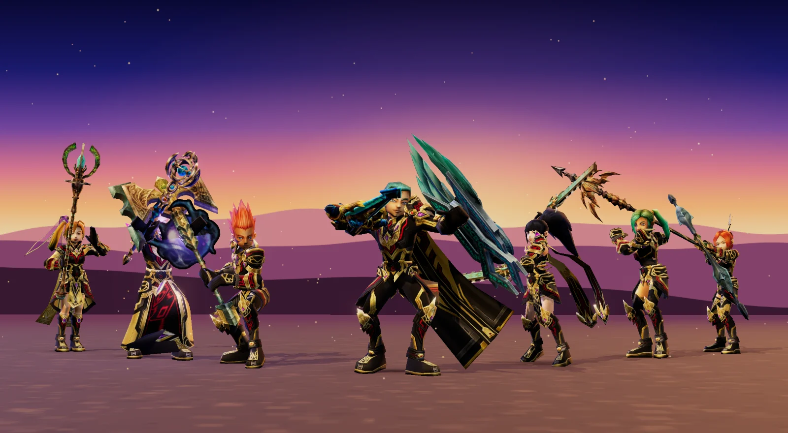 Sete heróis do jogo em 3D, com armaduras e armas de nível alto, prontos para a batalha num pôr do sol: a Sacerdotisa, o Mago, o Lutador, o Cavaleiro ao centro, a Assassina, a Atalanta e a Arqueira