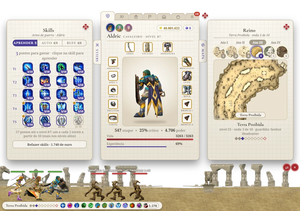 Captura do jogo: o livro do herói aberto com as páginas de Skills (por nível, de T1 a T5), Equipamento e Reino, e embaixo a faixa da batalha com a onda de monstros da Terra Proibida