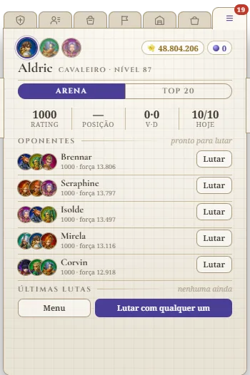 Página da Arena: rating, posição, vitórias e derrotas, lutas do dia e a lista de oponentes