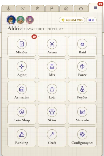 Menu do livro: Missões, Arena, Raid, Aging, Mix, Force, Armazém, Loja, Poções, Coin Shop, Skins, Mercado, Ranking, Craft e Configurações