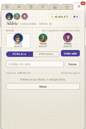 Página da Raid: salas públicas ou com código, para até 3 jogadores contra um chefe
