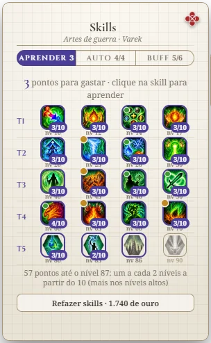 Página de Skills do Mago: as skills por nível (T1 a T5, com o nível que libera cada uma) e as abas Aprender, Auto e Buff