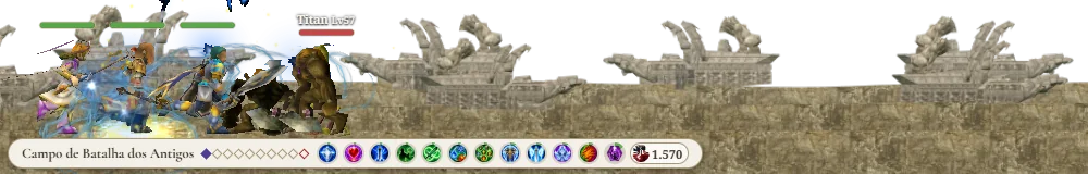 A faixa da batalha: a Sacerdotisa, o Mago e o Cavaleiro lutam no Campo de Batalha dos Antigos contra o Titan, com efeitos de skill; embaixo, o nome do mapa, as ondas e os buffs do time